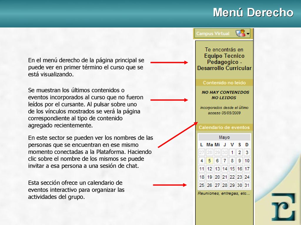 Menú Derecho En el menú derecho de la página principal se puede ver en primer término el curso que se está visualizando.
