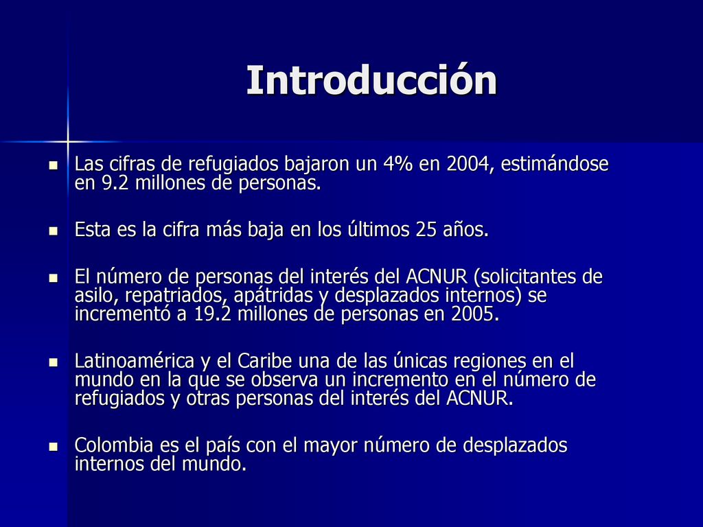 Introducción Las cifras de refugiados bajaron un 4% en 2004, estimándose en 9.2 millones de personas.