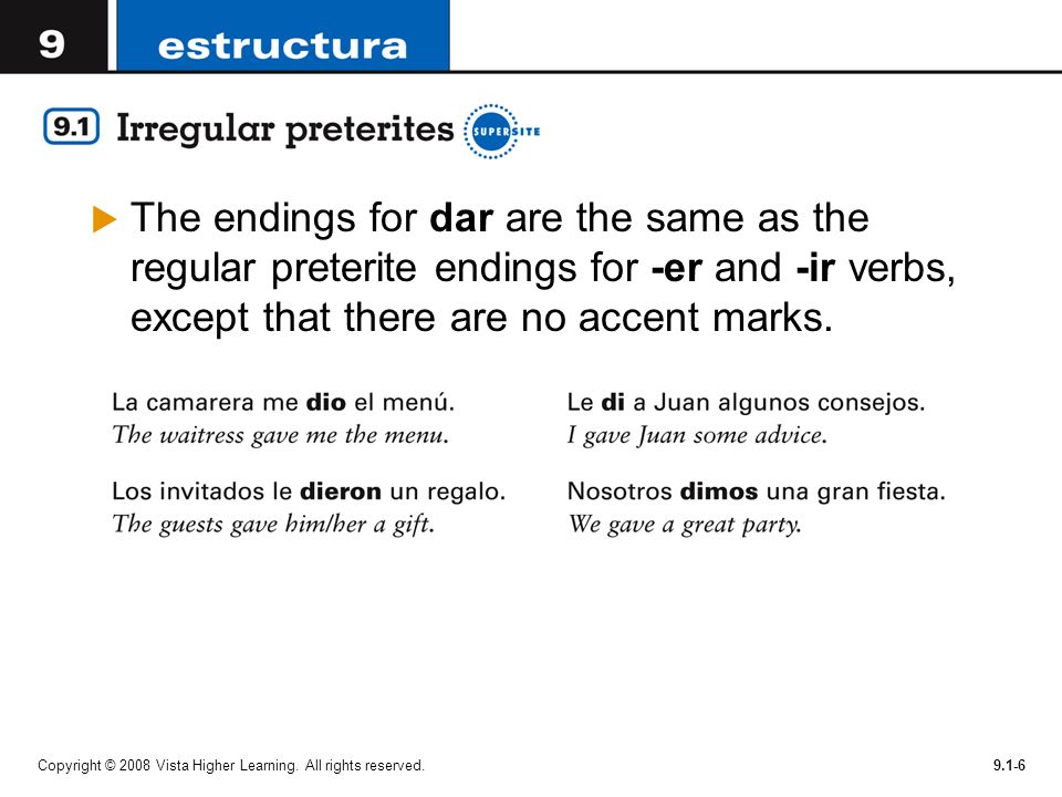 The endings for dar are the same as the regular preterite endings for -er and -ir verbs, except that there are no accent marks.