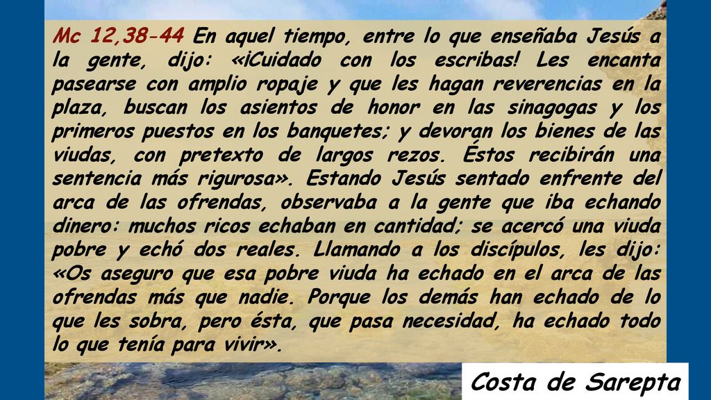 Mc 12,38-44 En aquel tiempo, entre lo que enseñaba Jesús a la gente, dijo: «¡Cuidado con los escribas! Les encanta pasearse con amplio ropaje y que les hagan reverencias en la plaza, buscan los asientos de honor en las sinagogas y los primeros puestos en los banquetes; y devoran los bienes de las viudas, con pretexto de largos rezos. Éstos recibirán una sentencia más rigurosa». Estando Jesús sentado enfrente del arca de las ofrendas, observaba a la gente que iba echando dinero: muchos ricos echaban en cantidad; se acercó una viuda pobre y echó dos reales. Llamando a los discípulos, les dijo: «Os aseguro que esa pobre viuda ha echado en el arca de las ofrendas más que nadie. Porque los demás han echado de lo que les sobra, pero ésta, que pasa necesidad, ha echado todo lo que tenía para vivir».