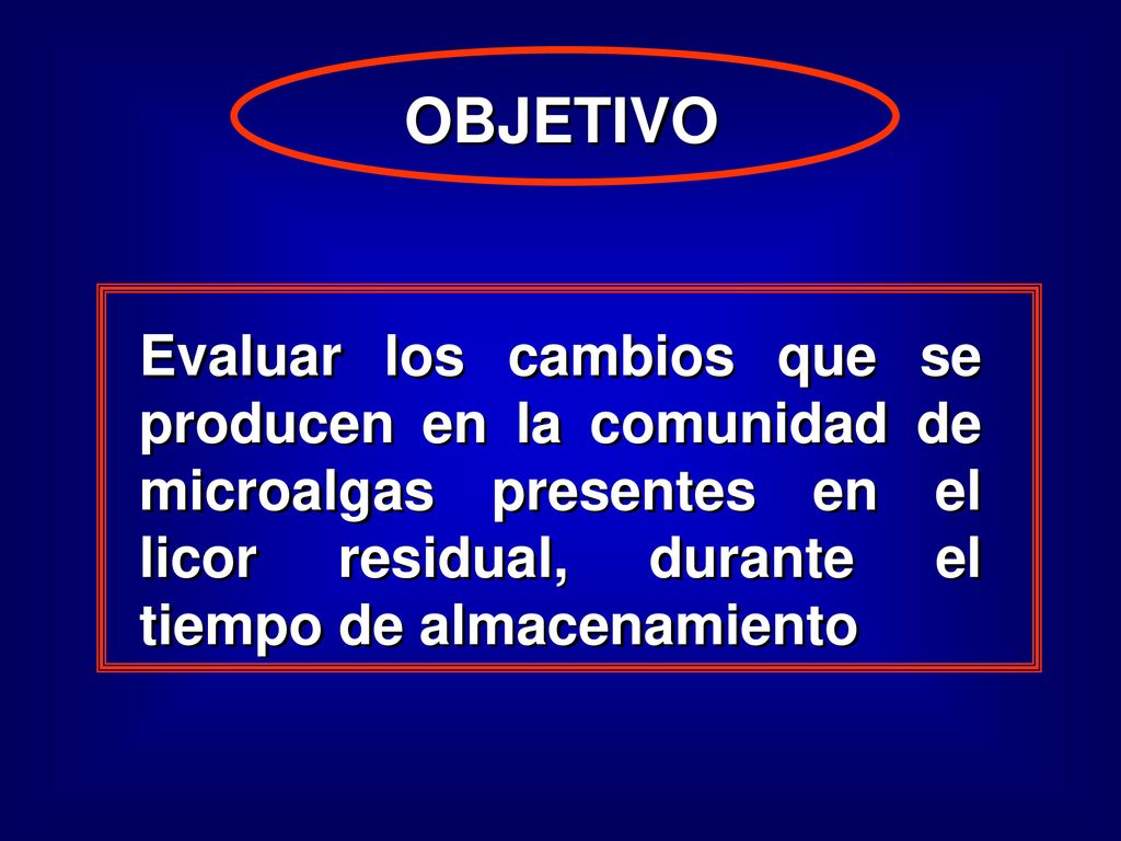 OBJETIVO Evaluar los cambios que se producen en la comunidad de microalgas presentes en el licor residual, durante el tiempo de almacenamiento.