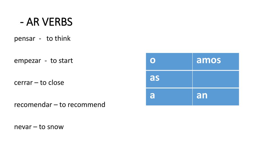- AR VERBS pensar - to think empezar - to start cerrar – to close recomendar – to recommend nevar – to snow