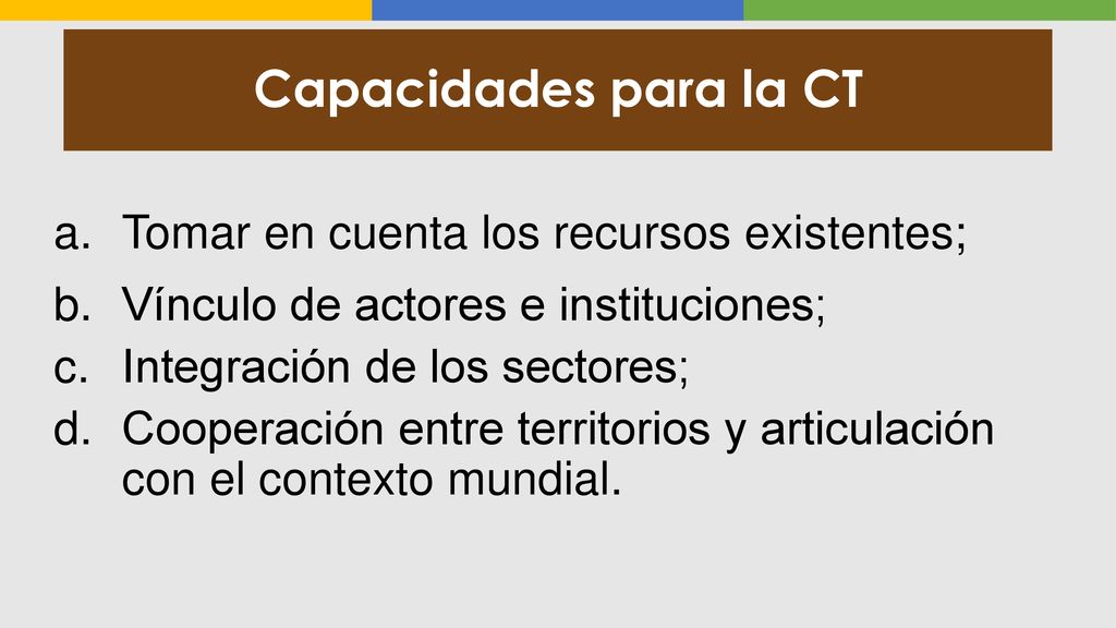 Capacidades para la CT Tomar en cuenta los recursos existentes;
