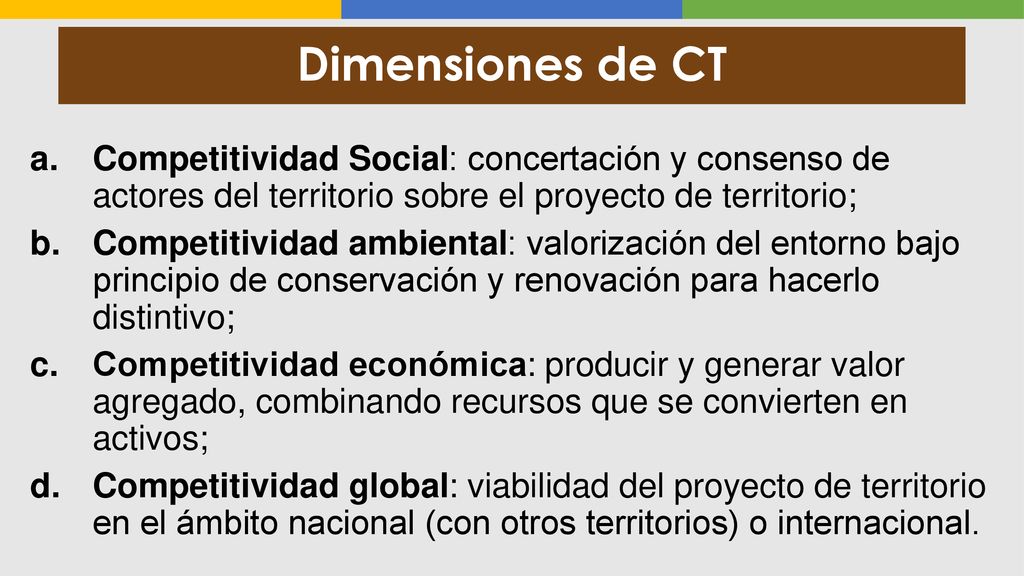 Dimensiones de CT Competitividad Social: concertación y consenso de actores del territorio sobre el proyecto de territorio;