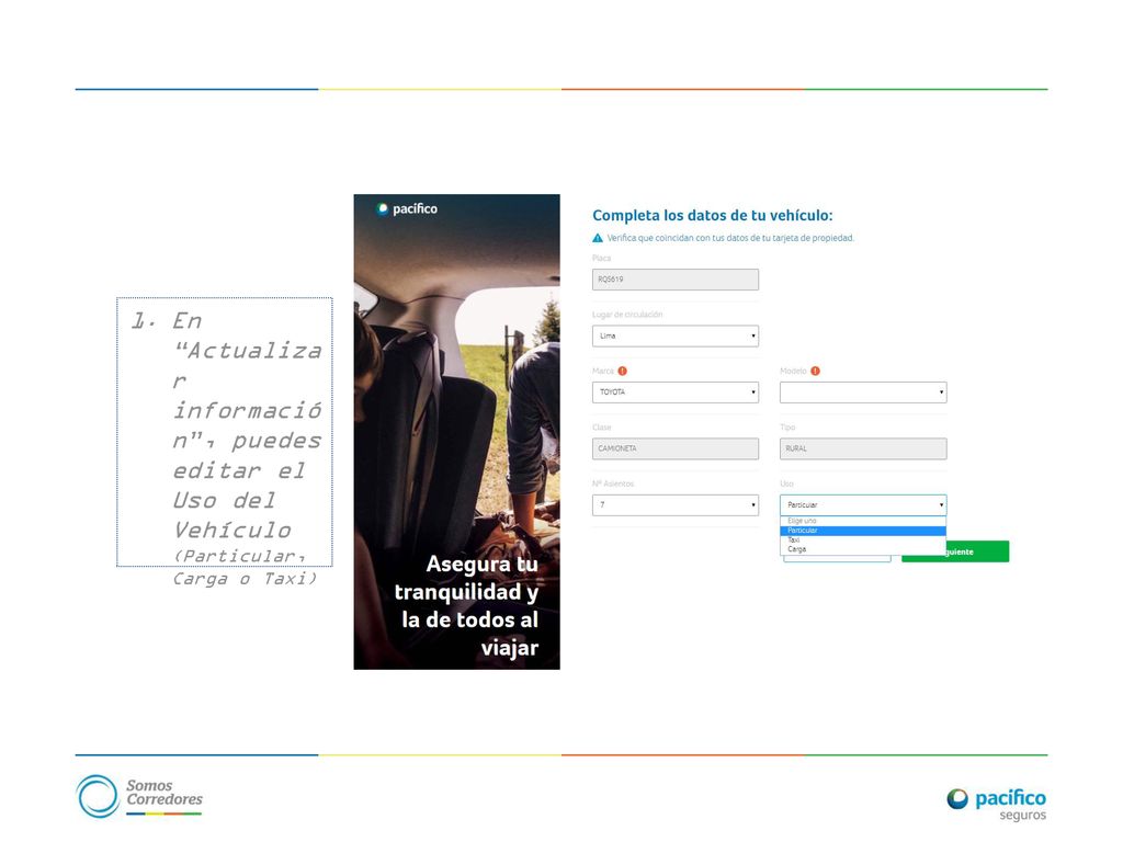 En Actualizar información , puedes editar el Uso del Vehículo (Particular, Carga o Taxi)