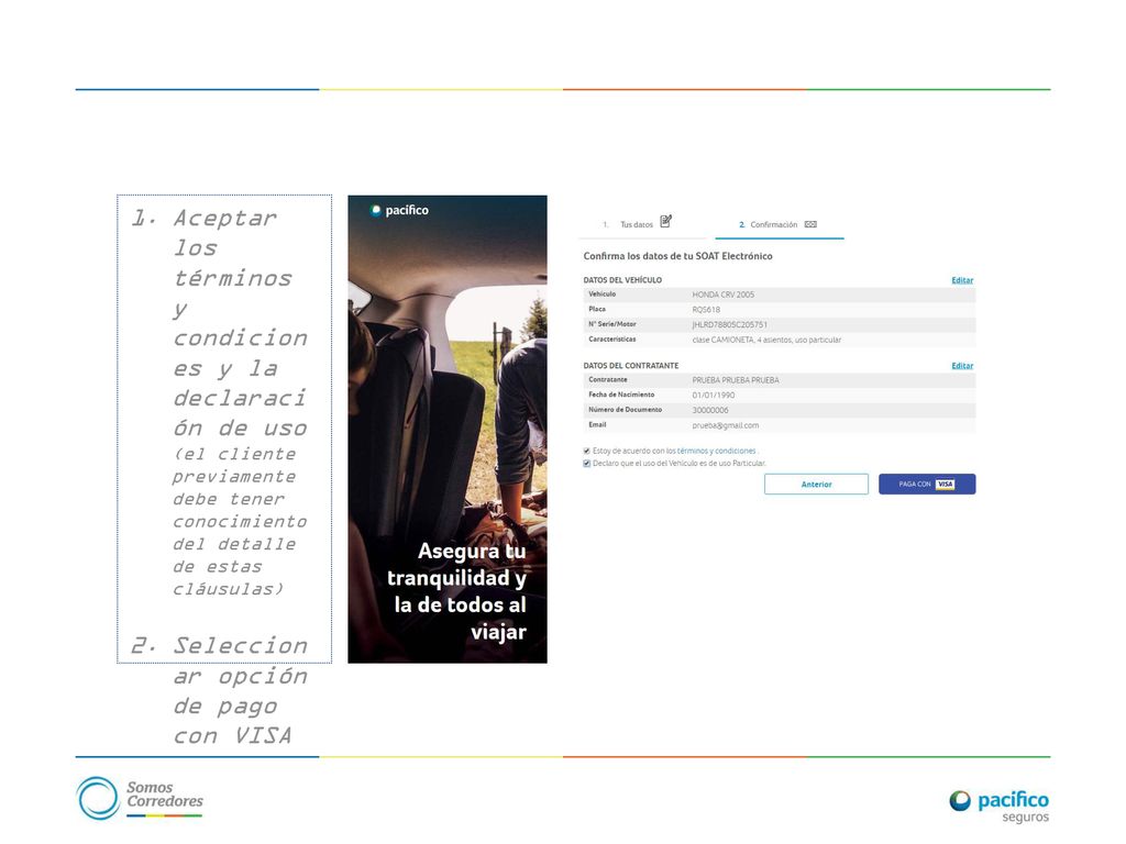 Aceptar los términos y condiciones y la declaración de uso (el cliente previamente debe tener conocimiento del detalle de estas cláusulas)