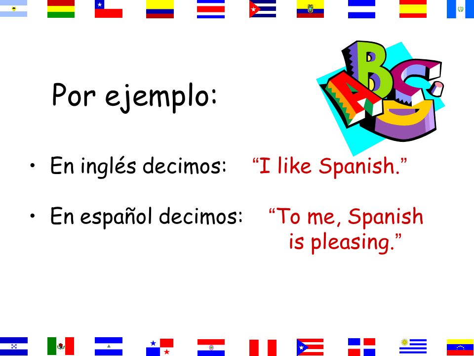 Por ejemplo: En inglés decimos: I like Spanish.
