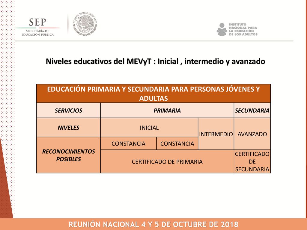 Niveles educativos del MEVyT : Inicial , intermedio y avanzado