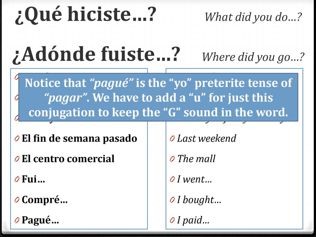 ¿Qué hiciste… What did you do… ¿Adónde fuiste… Where did you go…