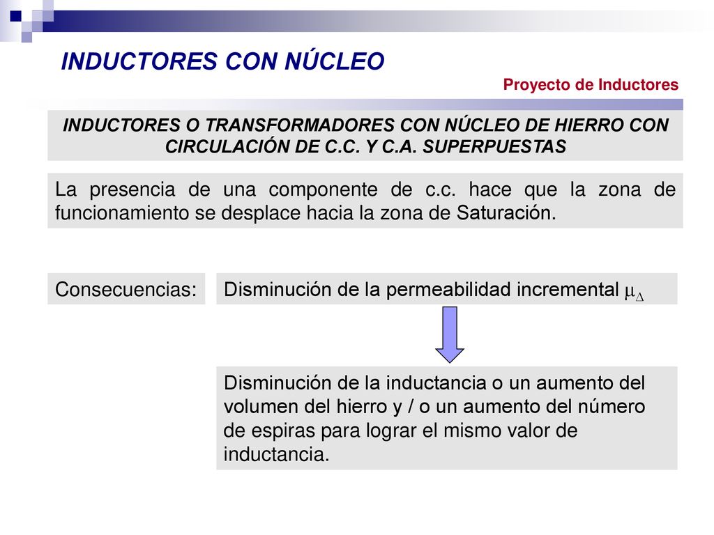 INDUCTORES CON NÚCLEO Proyecto de Inductores. INDUCTORES O TRANSFORMADORES CON NÚCLEO DE HIERRO CON CIRCULACIÓN DE C.C. Y C.A. SUPERPUESTAS.