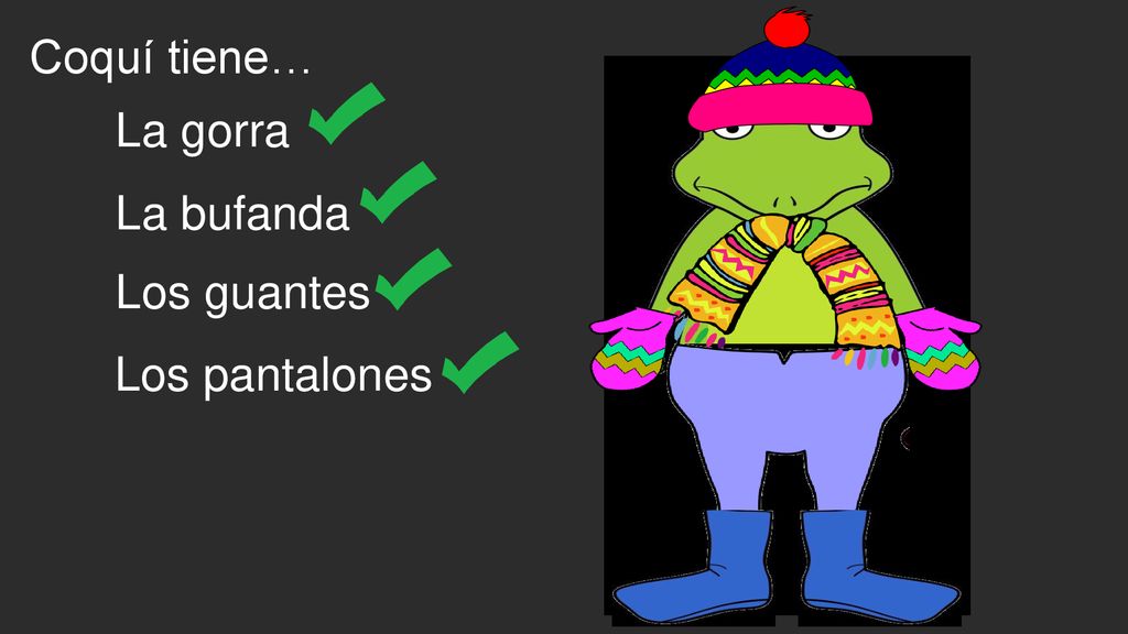 Coquí tiene… La gorra La bufanda Los guantes Los pantalones
