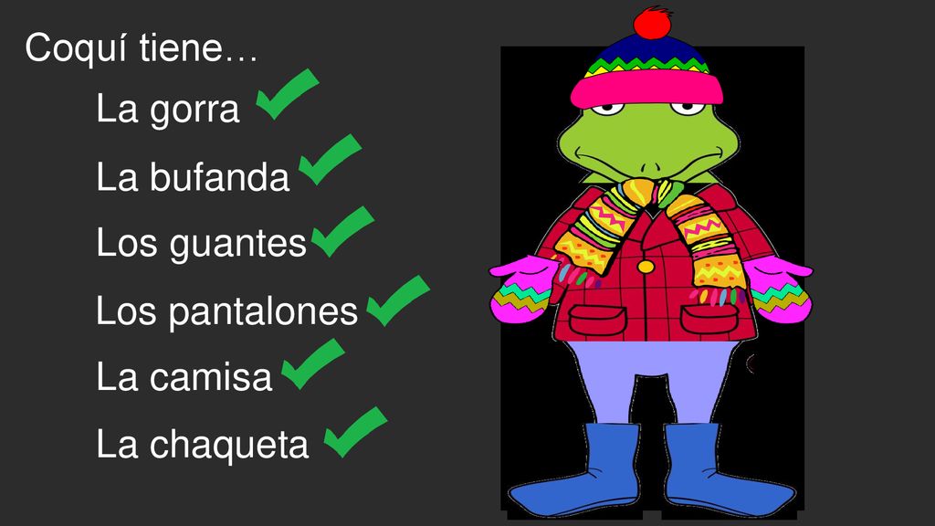 Coquí tiene… La gorra La bufanda Los guantes Los pantalones La camisa La chaqueta
