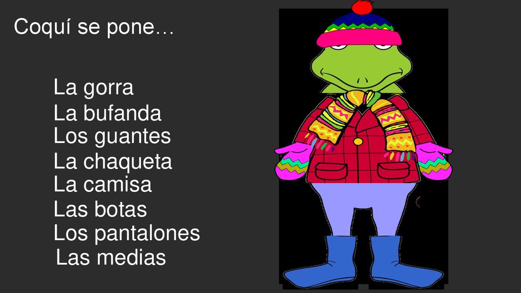 Coquí se pone… La gorra. La bufanda. Los guantes. La chaqueta. La camisa. Las botas. Los pantalones.