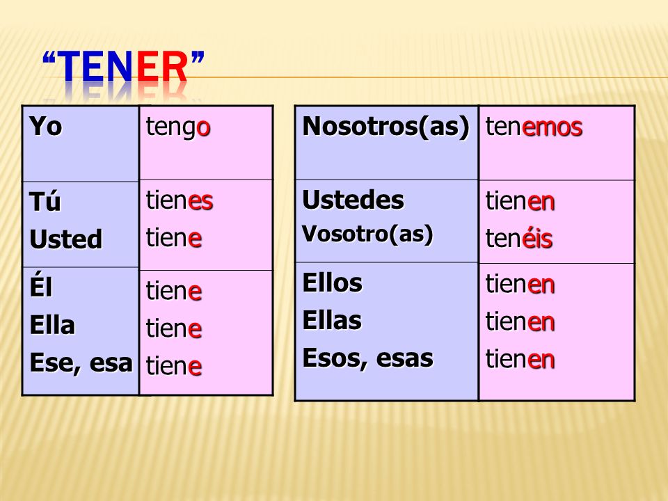 TeneR Yo Tú Usted Él Ella Ese, esa tengo tienes tiene Nosotros(as)