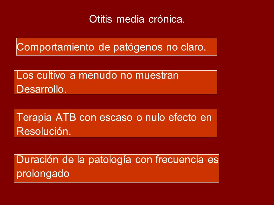 Otitis media crónica. Comportamiento de patógenos no claro. Los cultivo a menudo no muestran. Desarrollo.