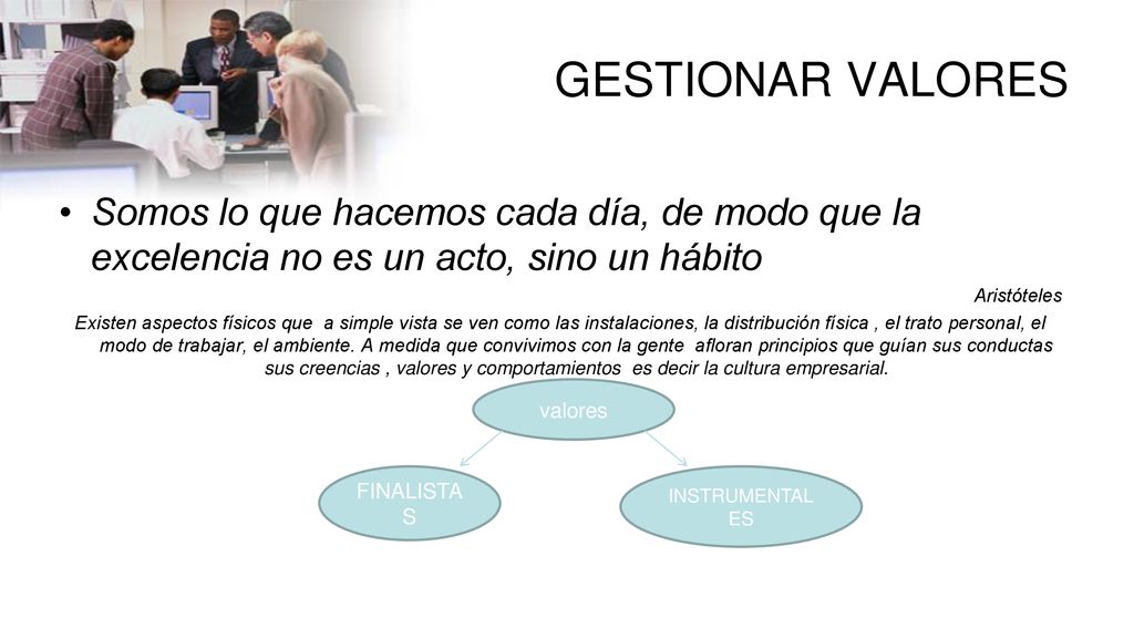 GESTIONAR VALORES Somos lo que hacemos cada día, de modo que la excelencia no es un acto, sino un hábito.