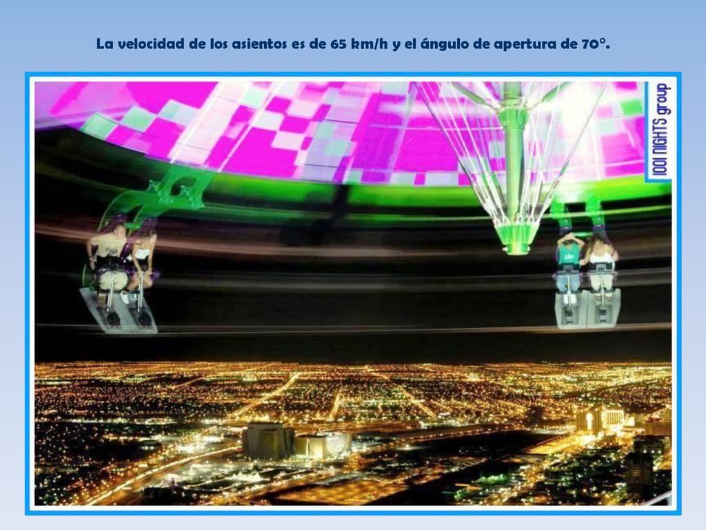 La velocidad de los asientos es de 65 km/h y el ángulo de apertura de 70°.