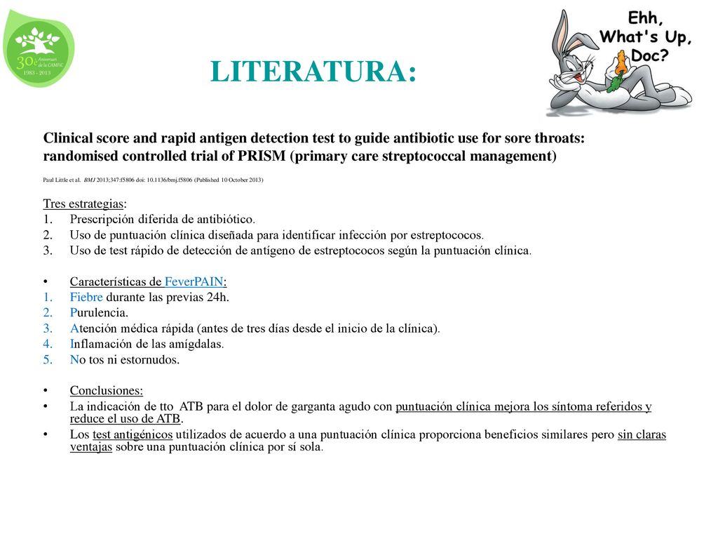 LITERATURA: Clinical score and rapid antigen detection test to guide antibiotic use for sore throats: