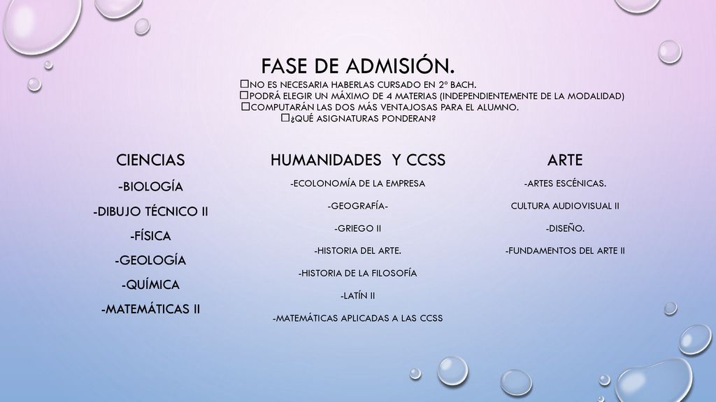 FASE DE ADMISIÓN. No es necesaria haberlas cursado en 2º Bach