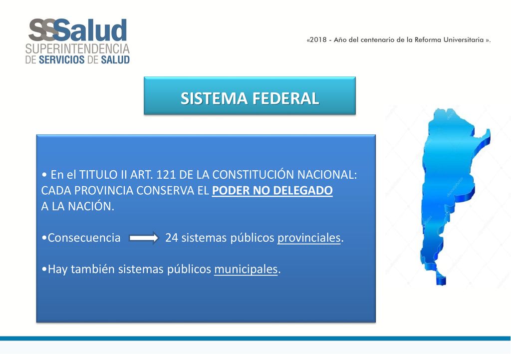 SISTEMA FEDERAL • En el TITULO II ART. 121 DE LA CONSTITUCIÓN NACIONAL: CADA PROVINCIA CONSERVA EL PODER NO DELEGADO.