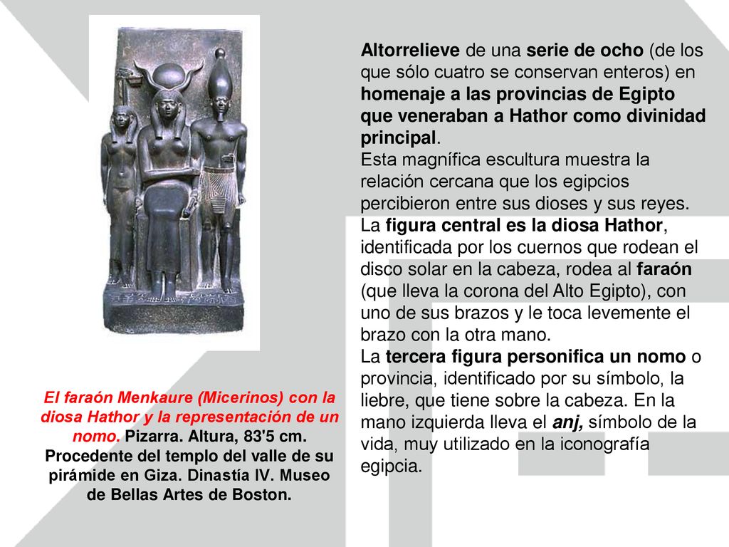 Altorrelieve de una serie de ocho (de los que sólo cuatro se conservan enteros) en homenaje a las provincias de Egipto que veneraban a Hathor como divinidad principal.