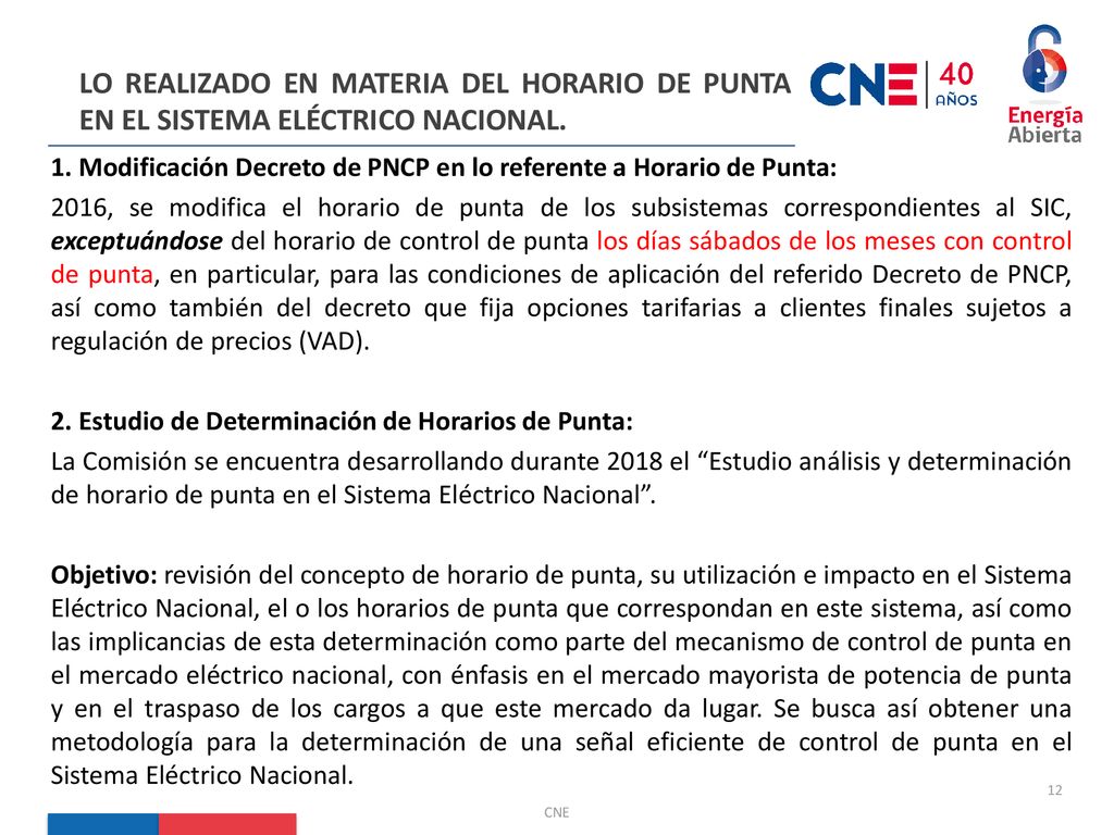 LO REALIZADO EN MATERIA DEL HORARIO DE PUNTA EN EL SISTEMA ELÉCTRICO NACIONAL.
