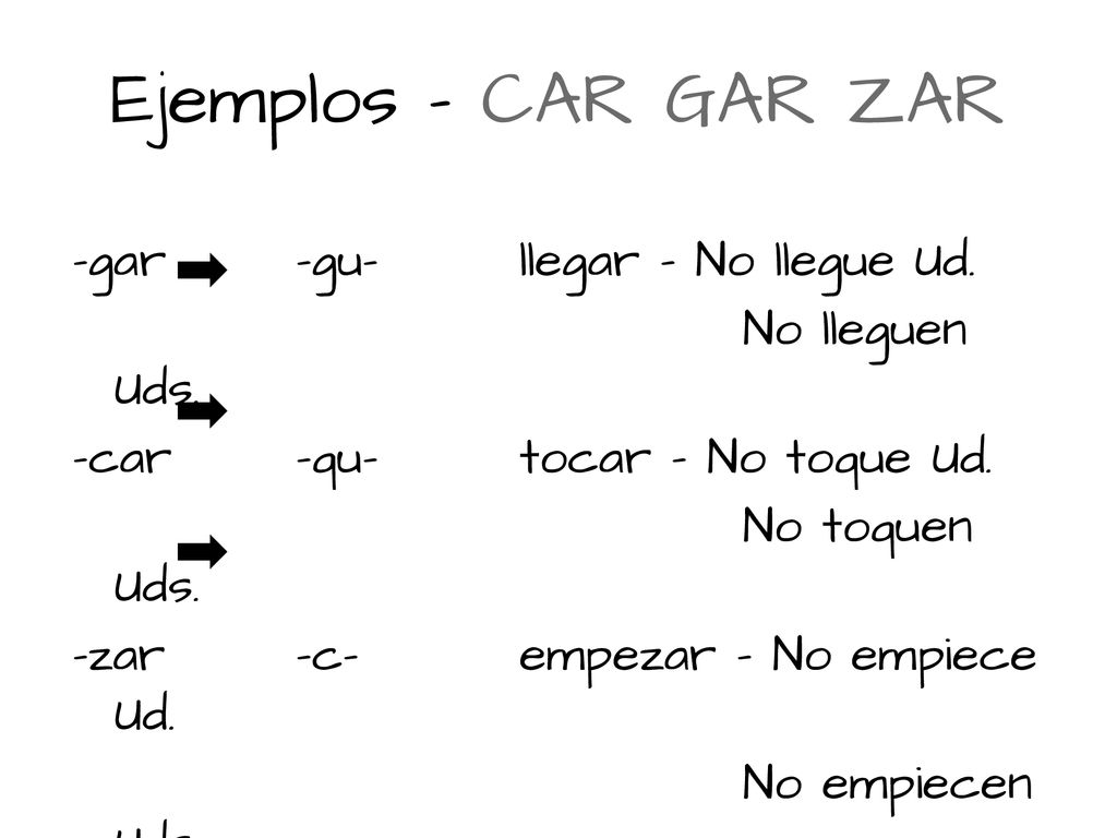 Ejemplos - CAR GAR ZAR -gar -gu- llegar – No llegue Ud.