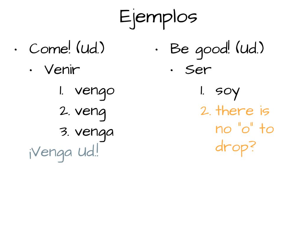 Ejemplos Come! (Ud.) Venir vengo veng venga ¡Venga Ud.! Be good! (Ud.)