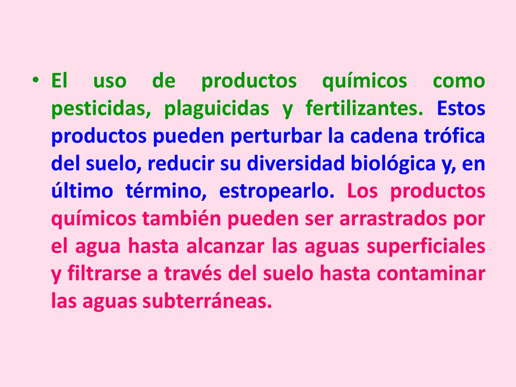 El uso de productos químicos como pesticidas, plaguicidas y fertilizantes.
