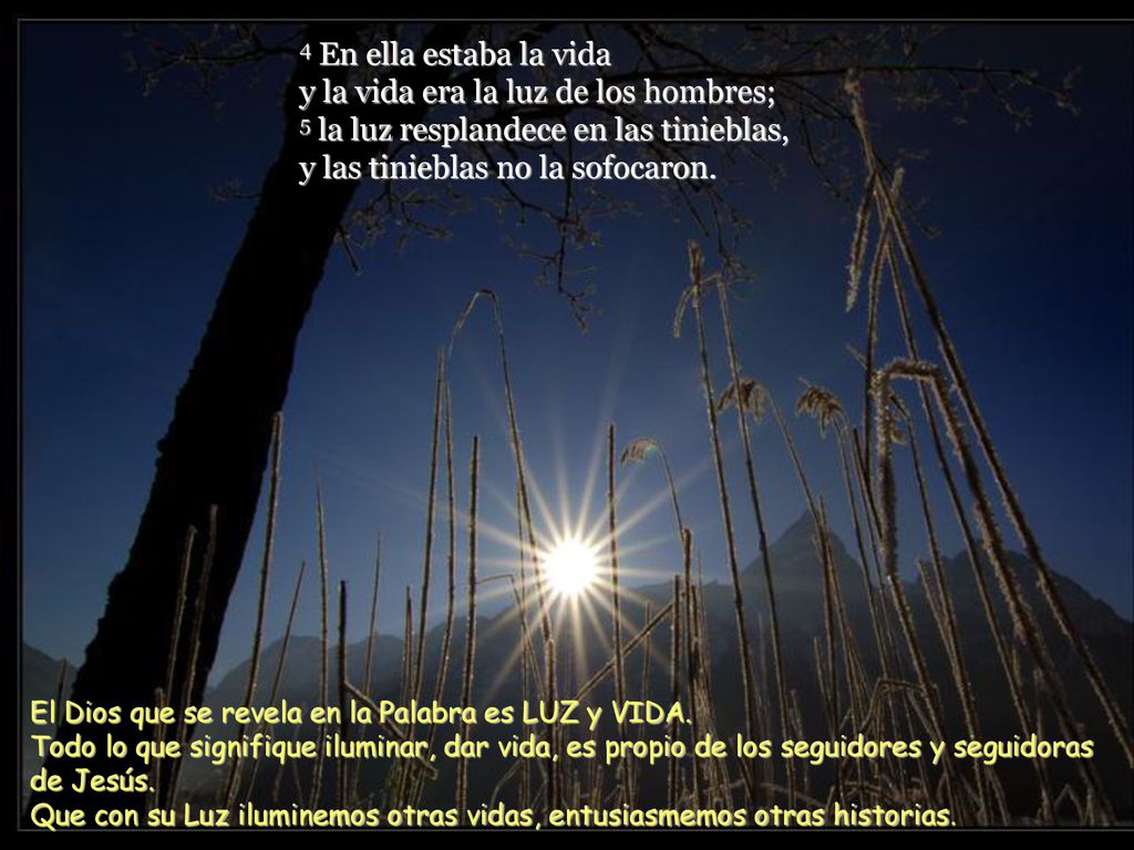 4 En ella estaba la vida y la vida era la luz de los hombres; 5 la luz resplandece en las tinieblas, y las tinieblas no la sofocaron.