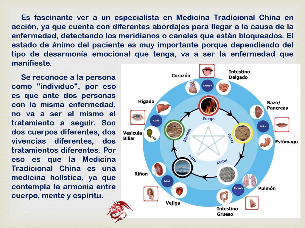 Es fascinante ver a un especialista en Medicina Tradicional China en acción, ya que cuenta con diferentes abordajes para llegar a la causa de la enfermedad, detectando los meridianos o canales que están bloqueados. El estado de ánimo del paciente es muy importante porque dependiendo del tipo de desarmonía emocional que tenga, va a ser la enfermedad que manifieste.