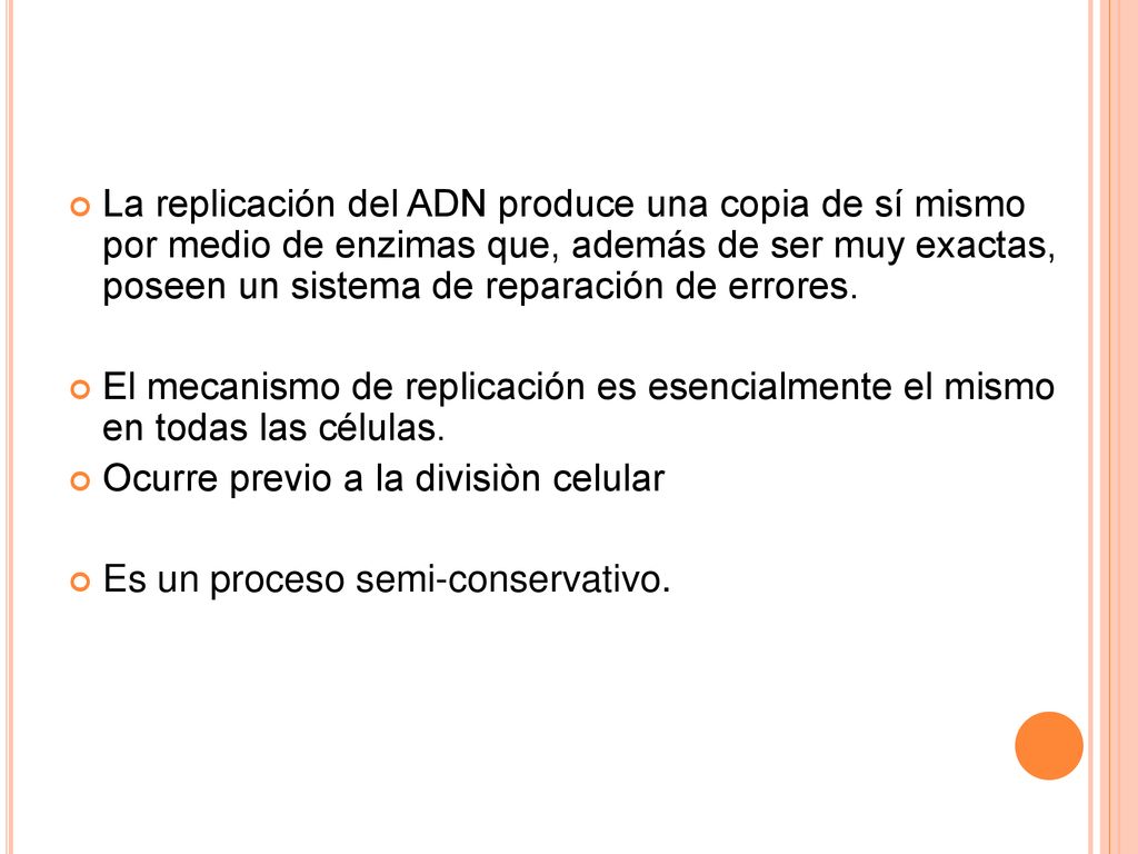 La replicación del ADN produce una copia de sí mismo por medio de enzimas que, además de ser muy exactas, poseen un sistema de reparación de errores.