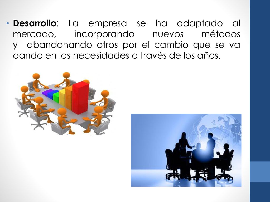 Desarrollo: La empresa se ha adaptado al mercado, incorporando nuevos métodos y abandonando otros por el cambio que se va dando en las necesidades a través de los años.