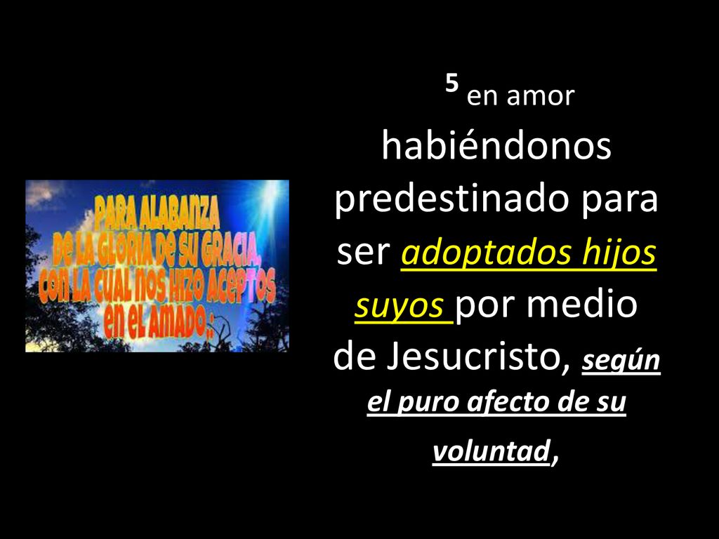5 en amor habiéndonos predestinado para ser adoptados hijos suyos por medio de Jesucristo, según el puro afecto de su voluntad,