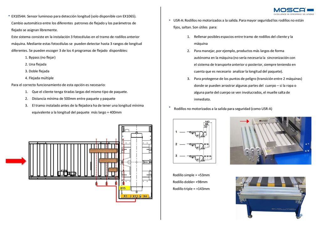 EX1054A: Sensor luminoso para detección longitud (solo disponible con EX1065). Cambio automático entre los diferentes patrones de flejado y los parámetros de flejado se asignan libremente.