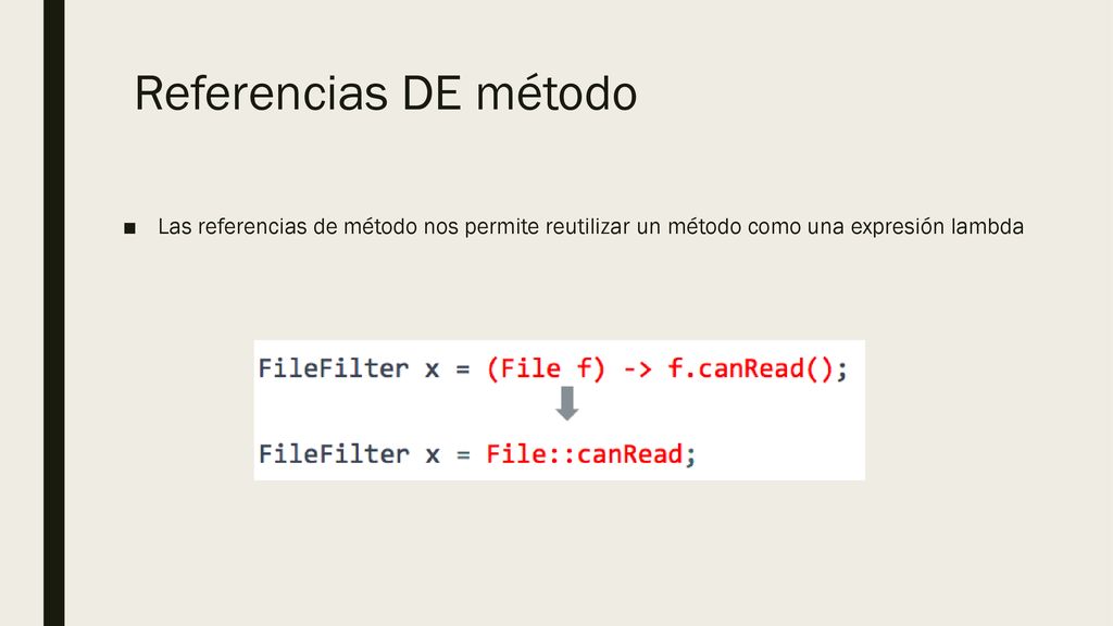 Referencias DE método Las referencias de método nos permite reutilizar un método como una expresión lambda.