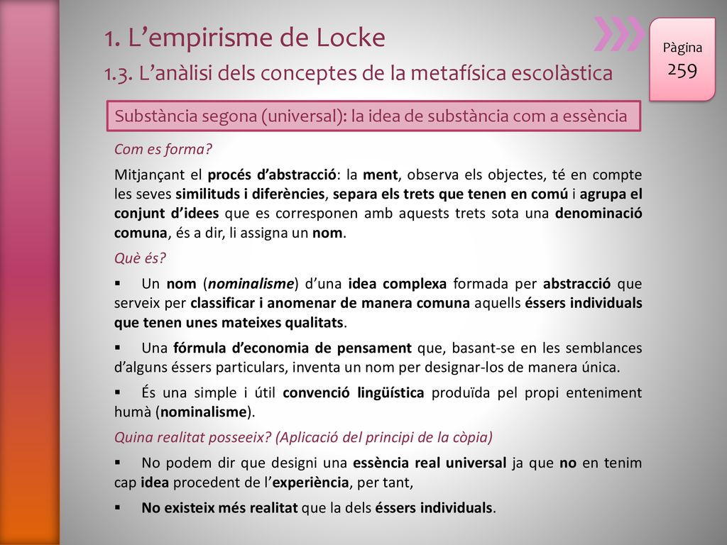 1. L’empirisme de Locke 1.3. L’anàlisi dels conceptes de la metafísica escolàstica. Pàgina
