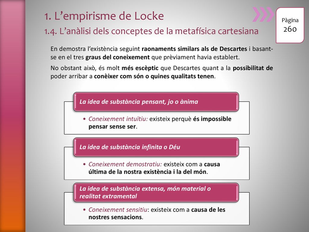1. L’empirisme de Locke 1.4. L’anàlisi dels conceptes de la metafísica cartesiana. Pàgina