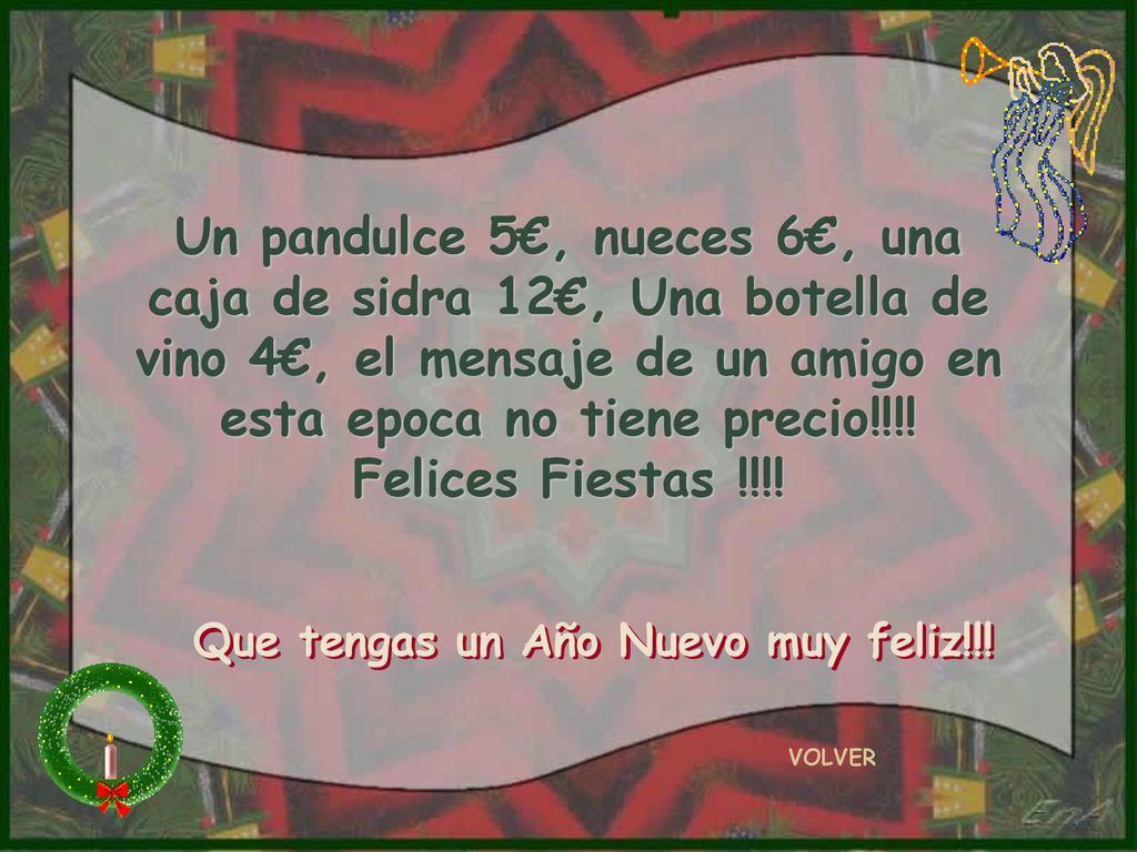 Un pandulce 5€, nueces 6€, una caja de sidra 12€, Una botella de vino 4€, el mensaje de un amigo en esta epoca no tiene precio!!!! Felices Fiestas !!!!