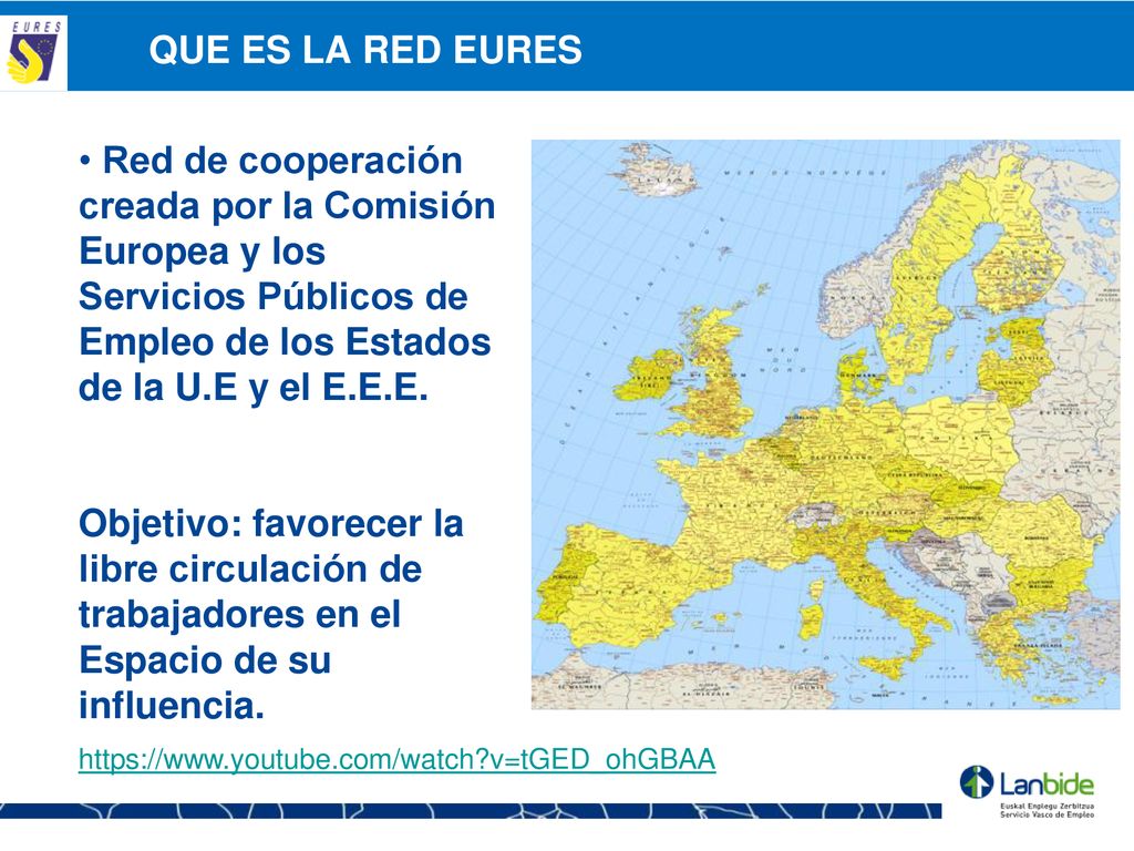 QUE ES LA RED EURES Red de cooperación creada por la Comisión Europea y los Servicios Públicos de Empleo de los Estados de la U.E y el E.E.E.