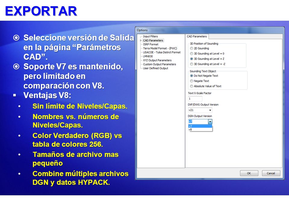 EXPORTAR Seleccione versión de Salida en la página Parámetros CAD .