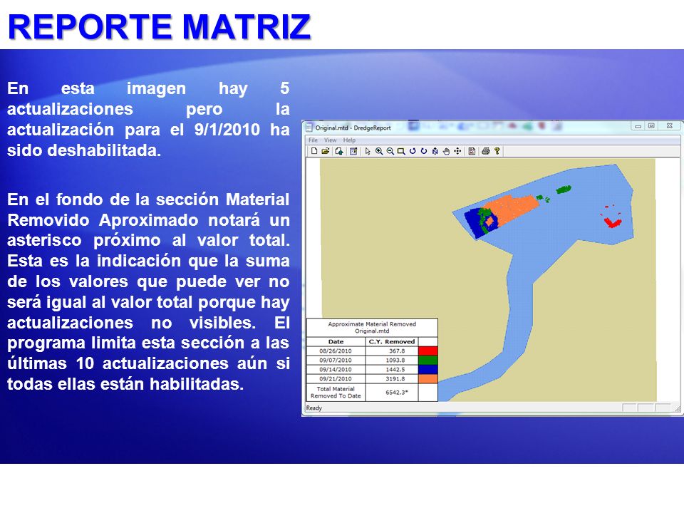 REPORTE MATRIZ En esta imagen hay 5 actualizaciones pero la actualización para el 9/1/2010 ha sido deshabilitada.
