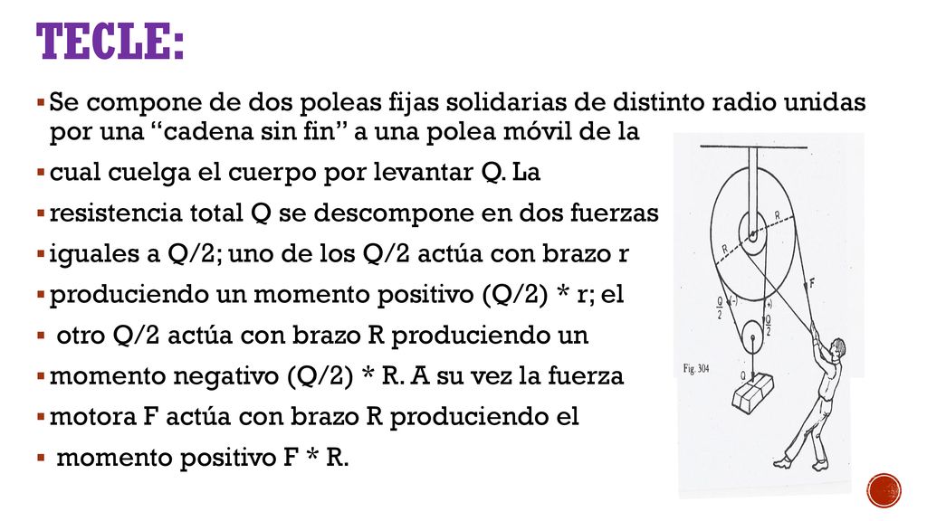 Tecle: Se compone de dos poleas fijas solidarias de distinto radio unidas por una cadena sin fin a una polea móvil de la.