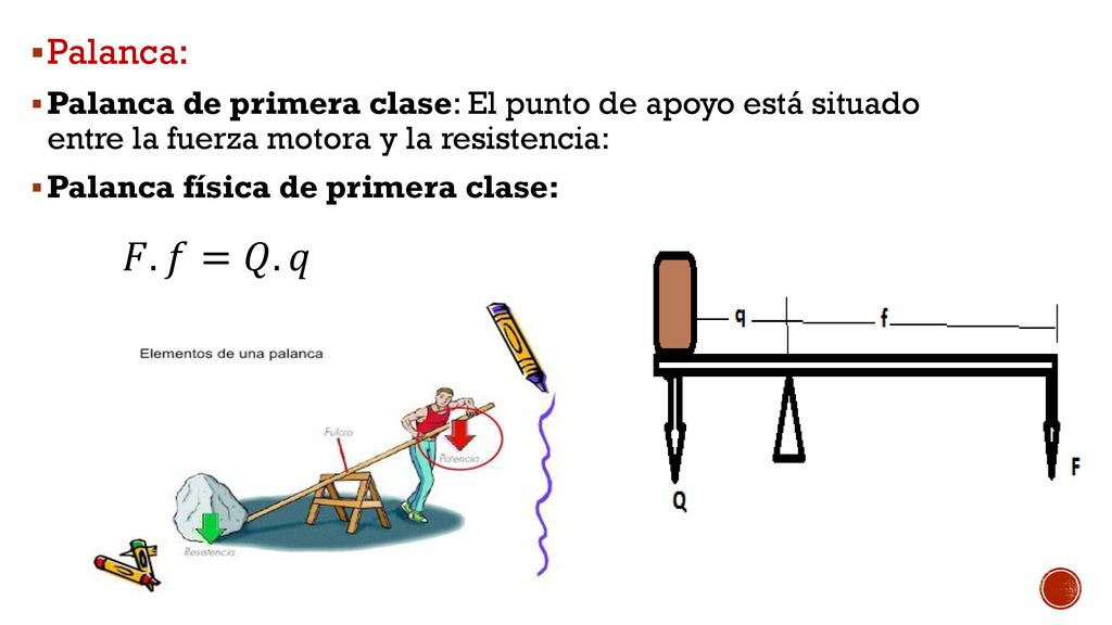 Palanca: Palanca de primera clase: El punto de apoyo está situado entre la fuerza motora y la resistencia: