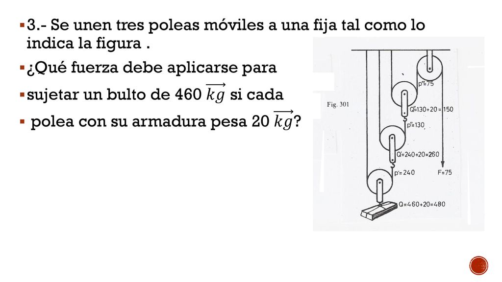 3.- Se unen tres poleas móviles a una fija tal como lo indica la figura .
