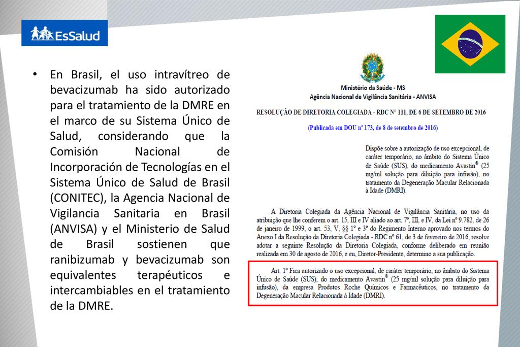 En Brasil, el uso intravítreo de bevacizumab ha sido autorizado para el tratamiento de la DMRE en el marco de su Sistema Único de Salud, considerando que la Comisión Nacional de Incorporación de Tecnologías en el Sistema Único de Salud de Brasil (CONITEC), la Agencia Nacional de Vigilancia Sanitaria en Brasil (ANVISA) y el Ministerio de Salud de Brasil sostienen que ranibizumab y bevacizumab son equivalentes terapéuticos e intercambiables en el tratamiento de la DMRE.