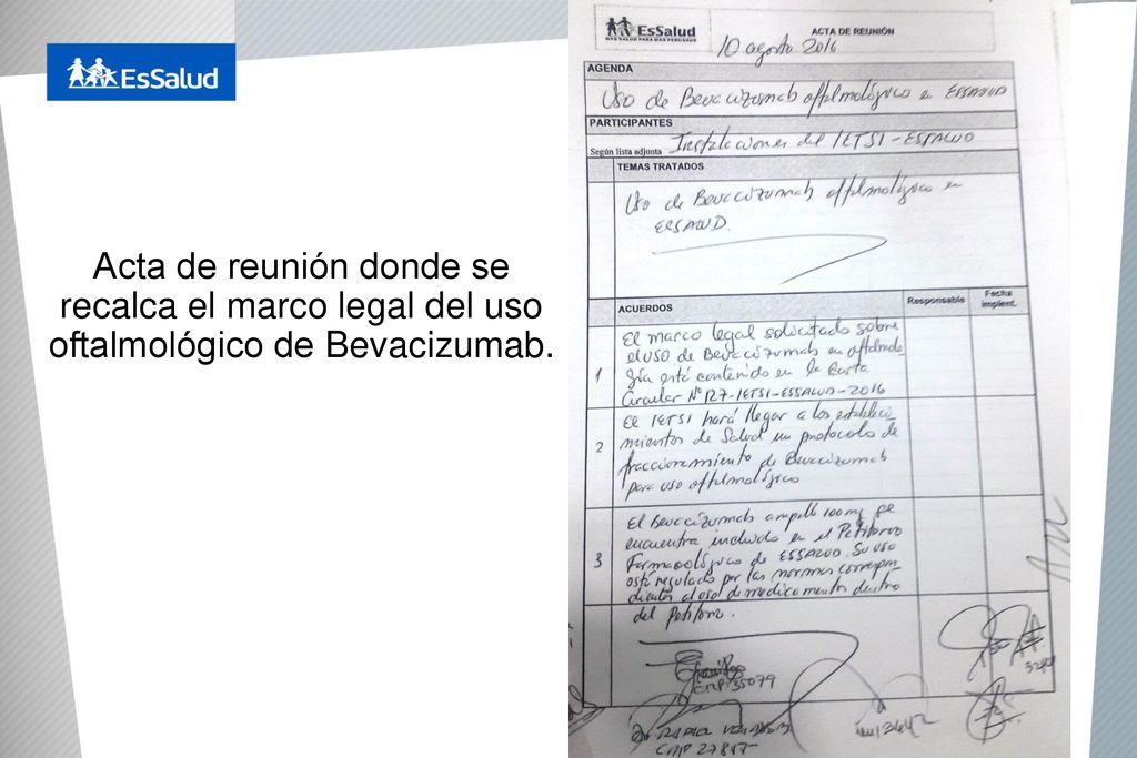 Acta de reunión donde se recalca el marco legal del uso oftalmológico de Bevacizumab.