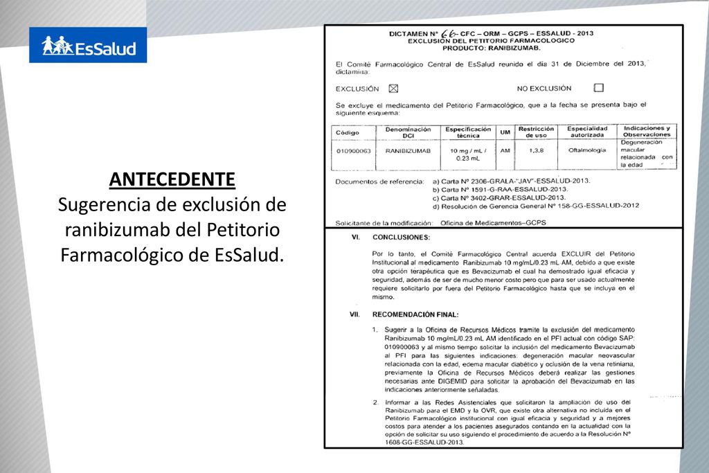 ANTECEDENTE Sugerencia de exclusión de ranibizumab del Petitorio Farmacológico de EsSalud.