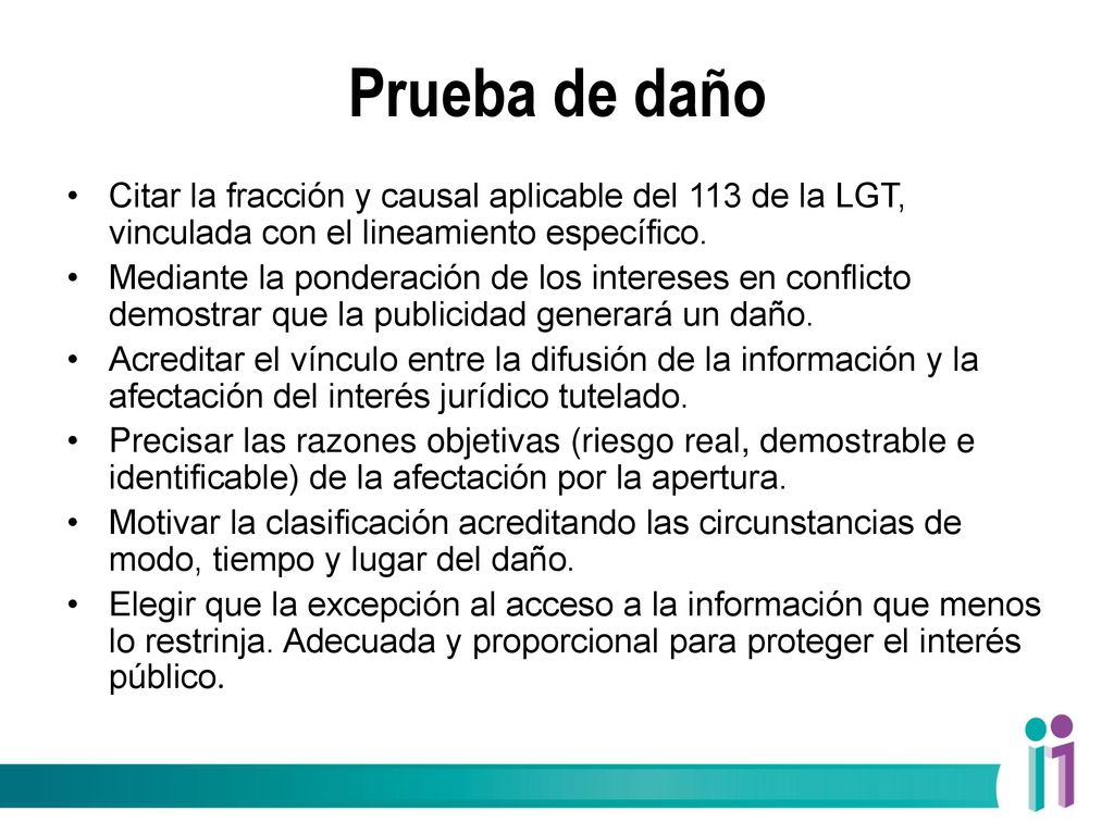 Prueba de daño Citar la fracción y causal aplicable del 113 de la LGT, vinculada con el lineamiento específico.