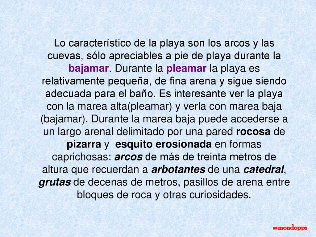 Lo característico de la playa son los arcos y las cuevas, sólo apreciables a pie de playa durante la bajamar.